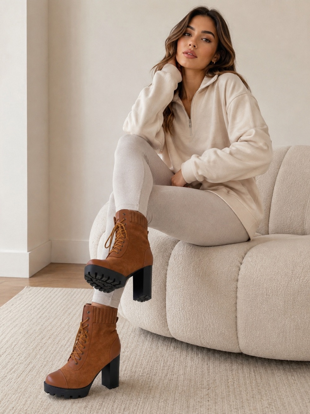 Yoki Brown Lace-Up Platform Block Heel Boots